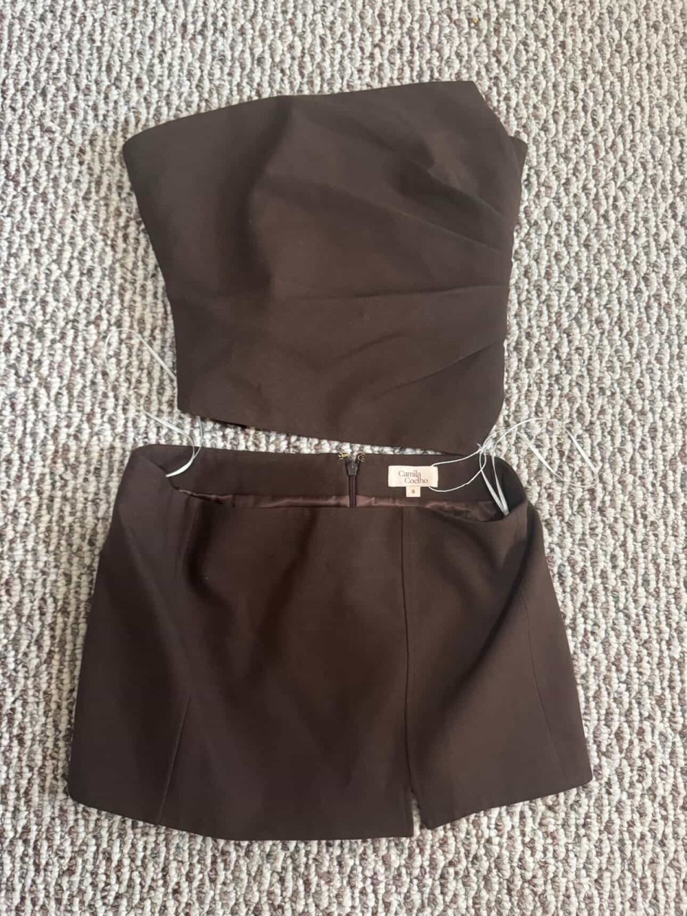 Camila Coelho Chocolate Brown Strapless Crop Top & Mini Skirt Set
